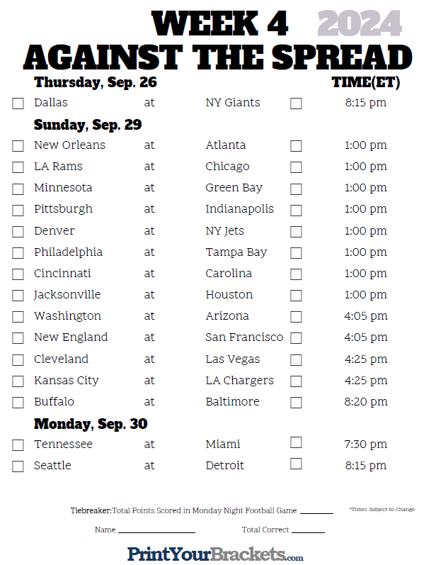 Photo: nfl schedule week 4 spreads