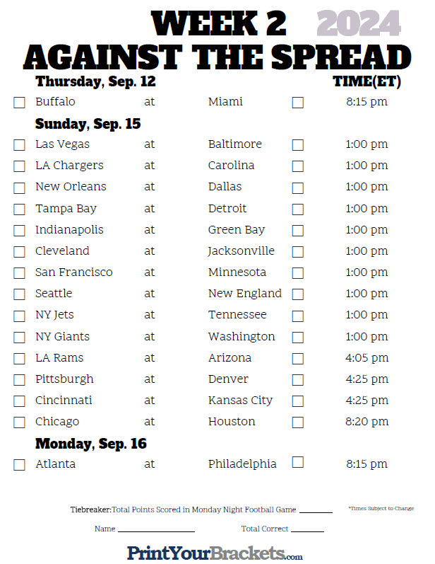 Photo: nfl week 2 schedule with spreads